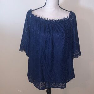 Women’s Miholl Navy Blue Bell Half-Sleeve Mesh Lace Top Off Shoulder